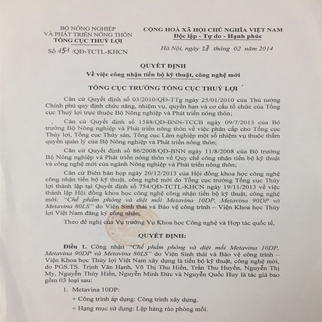 Chứng nhận về tiến bộ khoa học trong công tác nghiên cứu thuốc diệt mối và chống mối