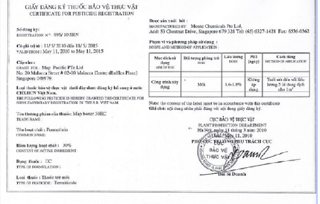 Giấy chứng nhận sản phẩm thuốc chống mối Map Boxer 30 EC
